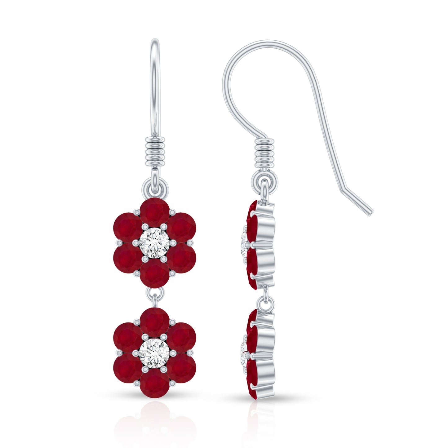 Natural Ruby Flower Dangle Earrings with Fish Hook