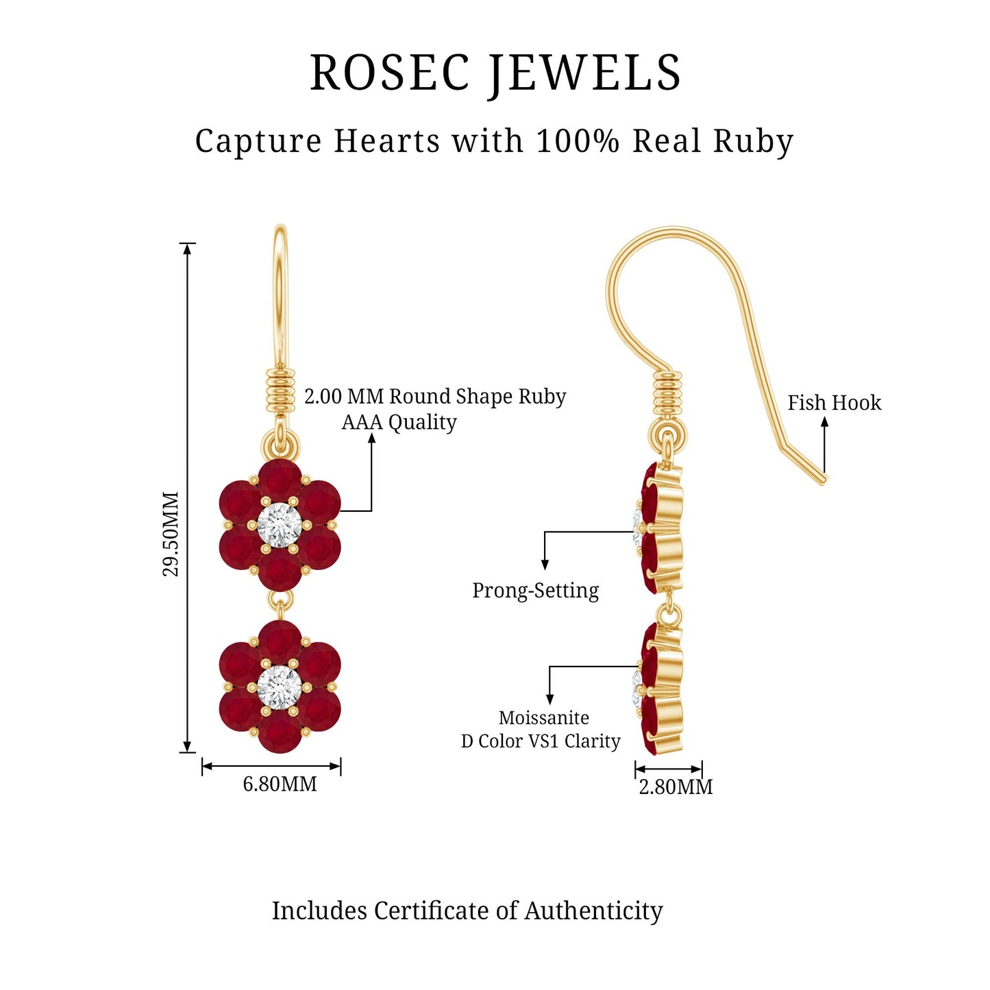 Natural Ruby Flower Dangle Earrings with Fish Hook