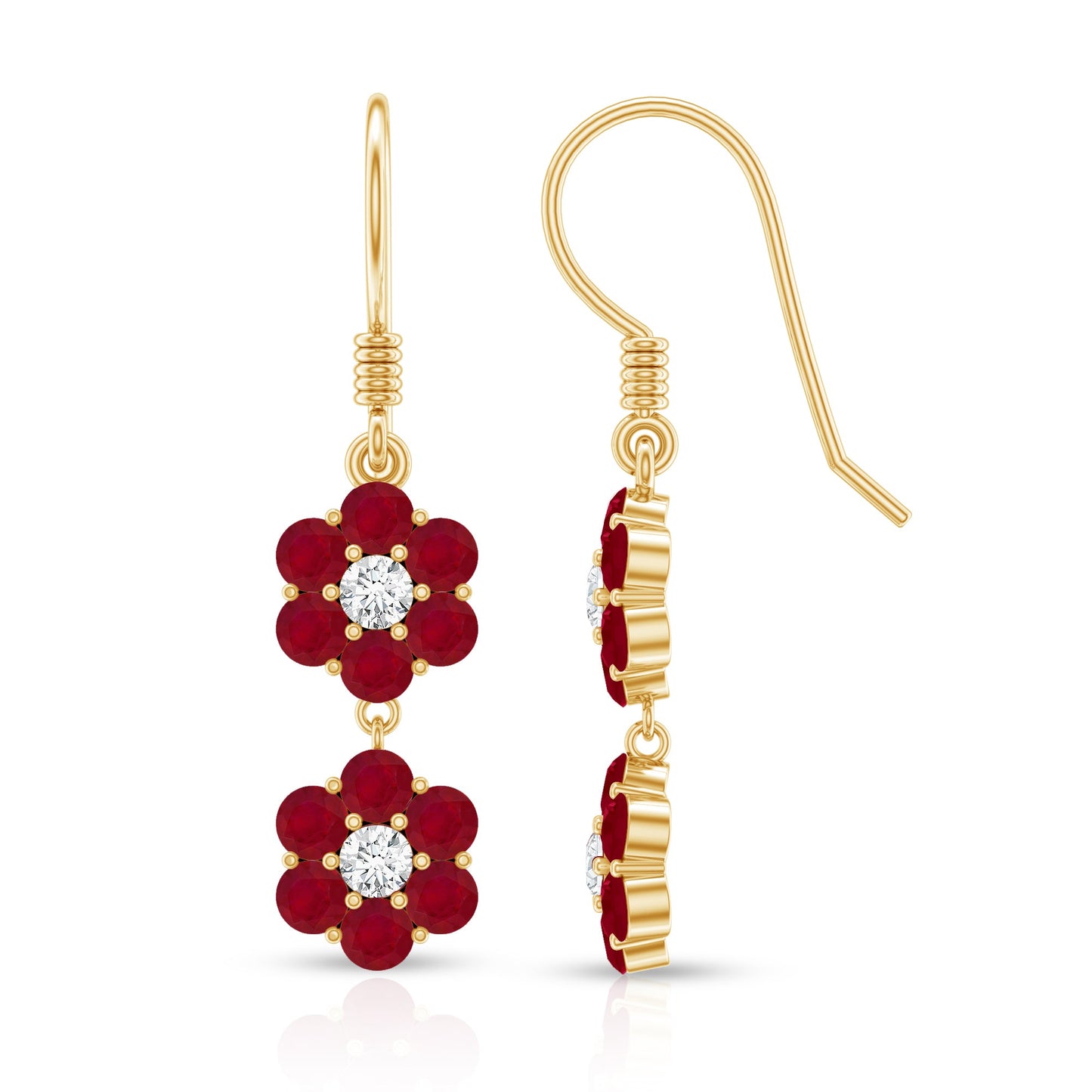 Natural Ruby Flower Dangle Earrings with Fish Hook