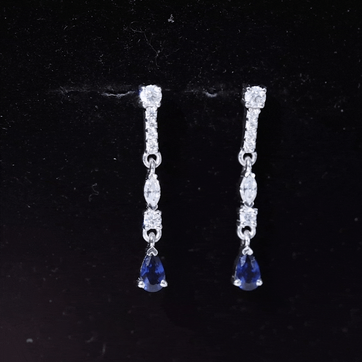 Pear Cut Created Blue Sapphire and Moissanite Long Dangle Earrings