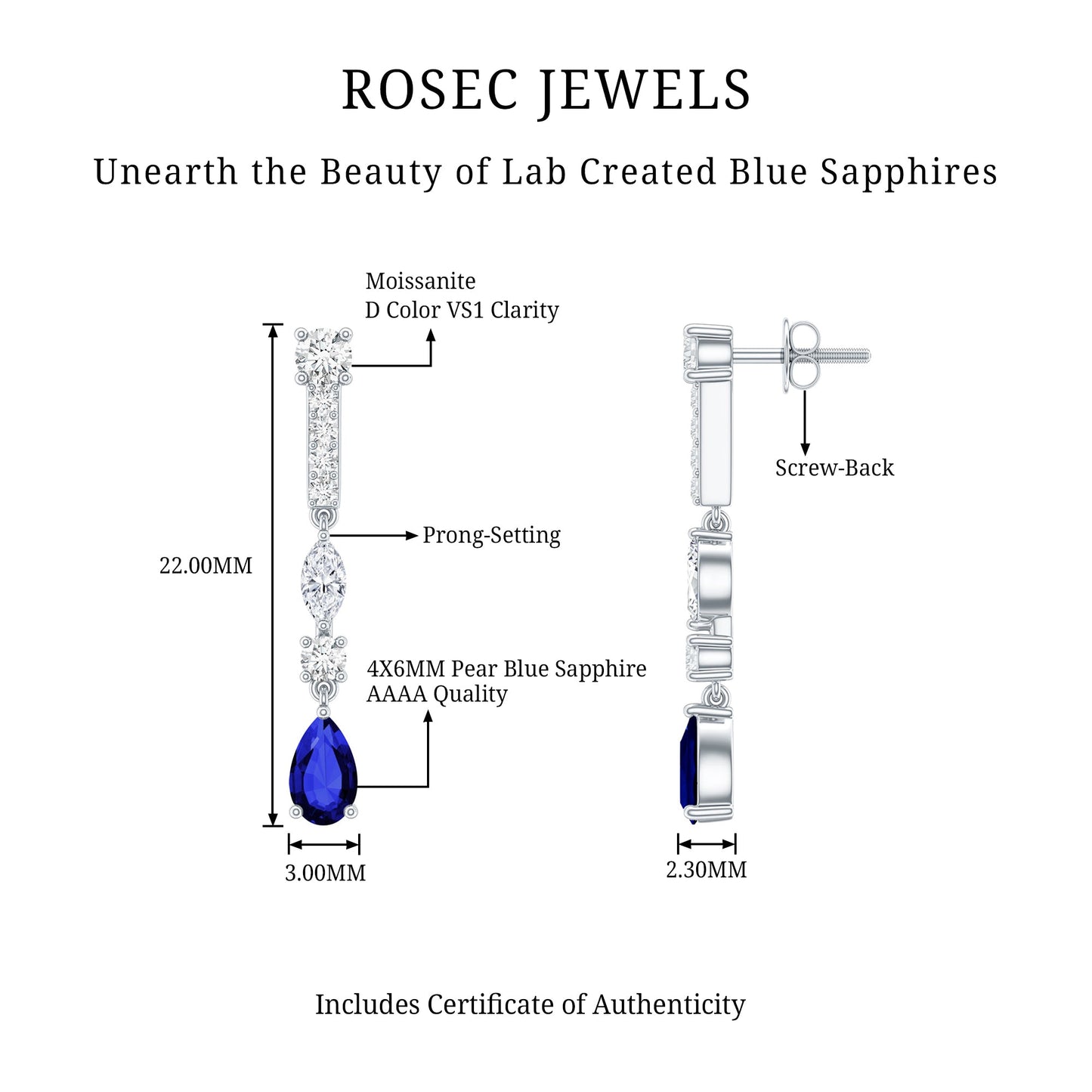 Pear Cut Created Blue Sapphire and Moissanite Long Dangle Earrings