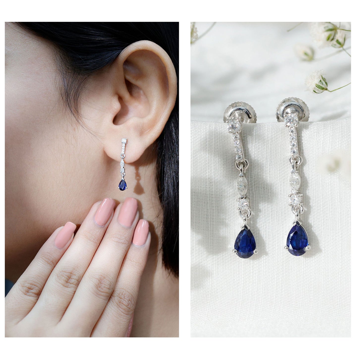 Pear Cut Created Blue Sapphire and Moissanite Long Dangle Earrings
