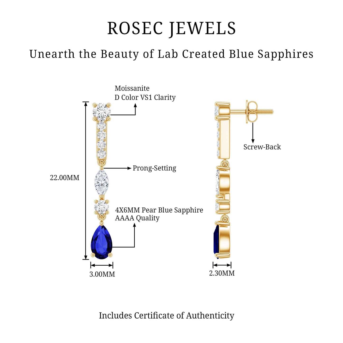 Pear Cut Created Blue Sapphire and Moissanite Long Dangle Earrings