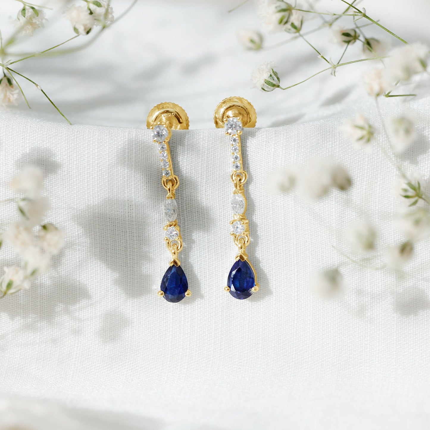 Pear Cut Created Blue Sapphire and Moissanite Long Dangle Earrings