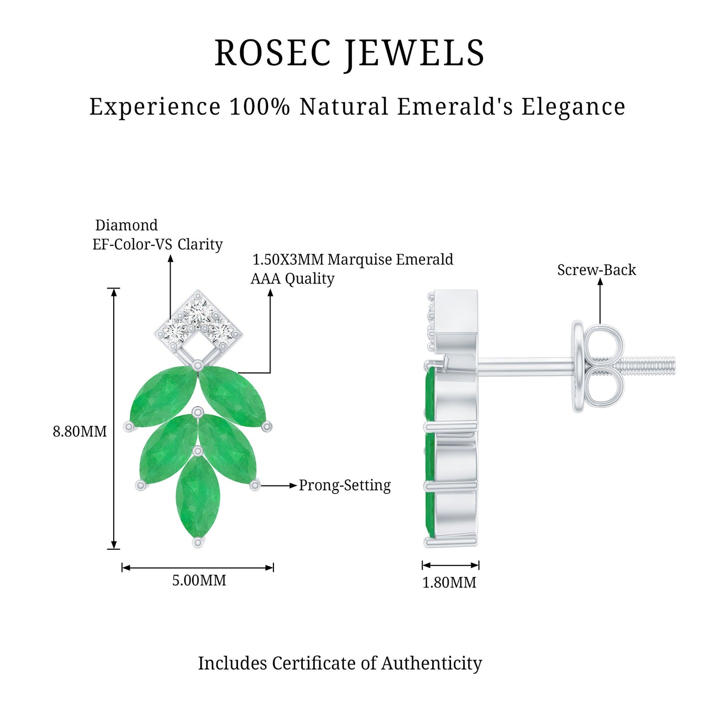 Real Emerald Leaf Stud Earrings with Moissanite
