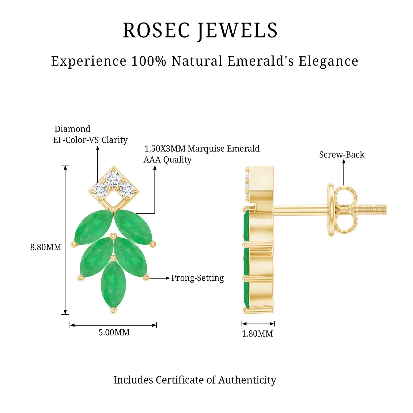 Real Emerald Leaf Stud Earrings with Moissanite