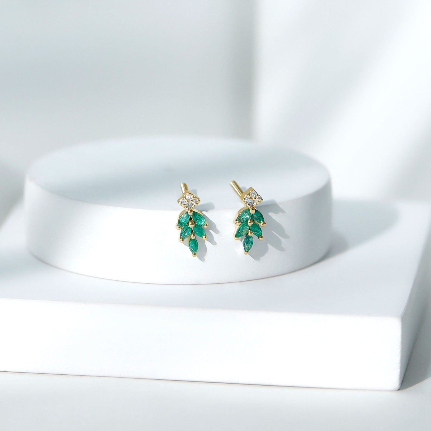Real Emerald Leaf Stud Earrings with Moissanite