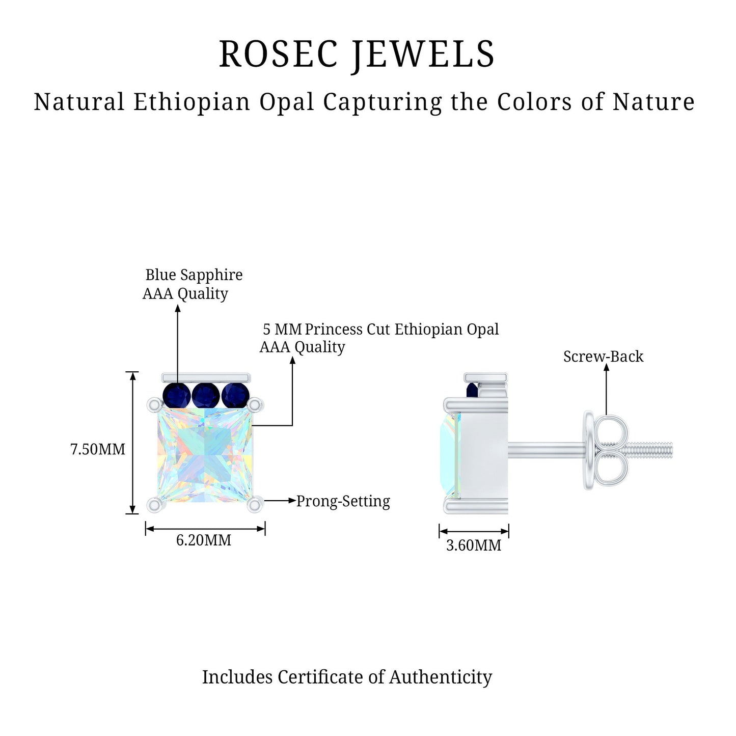 Princess Cut Ethiopian Opal Stud Earrings with Blue Sapphire Trio