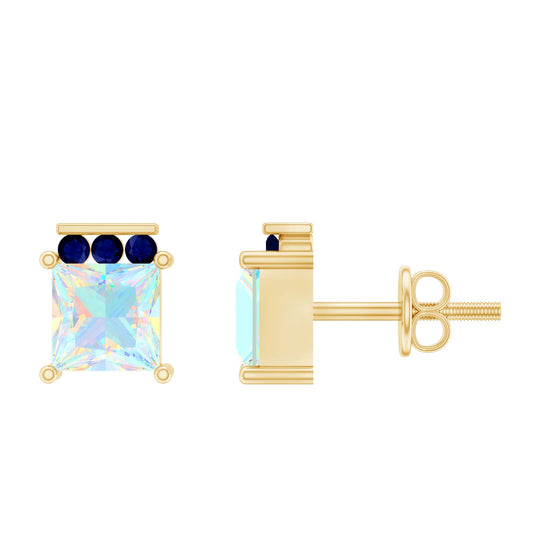 Princess Cut Ethiopian Opal Stud Earrings with Blue Sapphire Trio