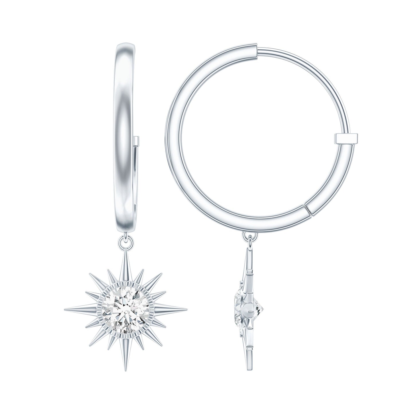 Bezel Set Round Moissanite Sunburst Hoop Drop Earrings