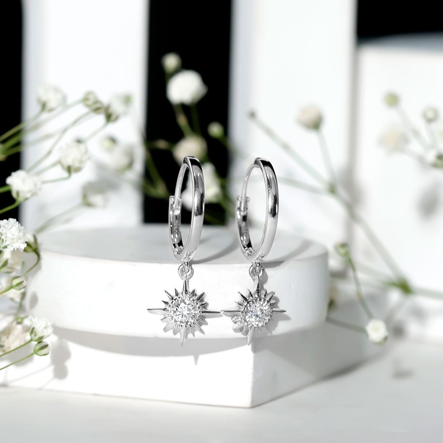 Bezel Set Round Moissanite Sunburst Hoop Drop Earrings