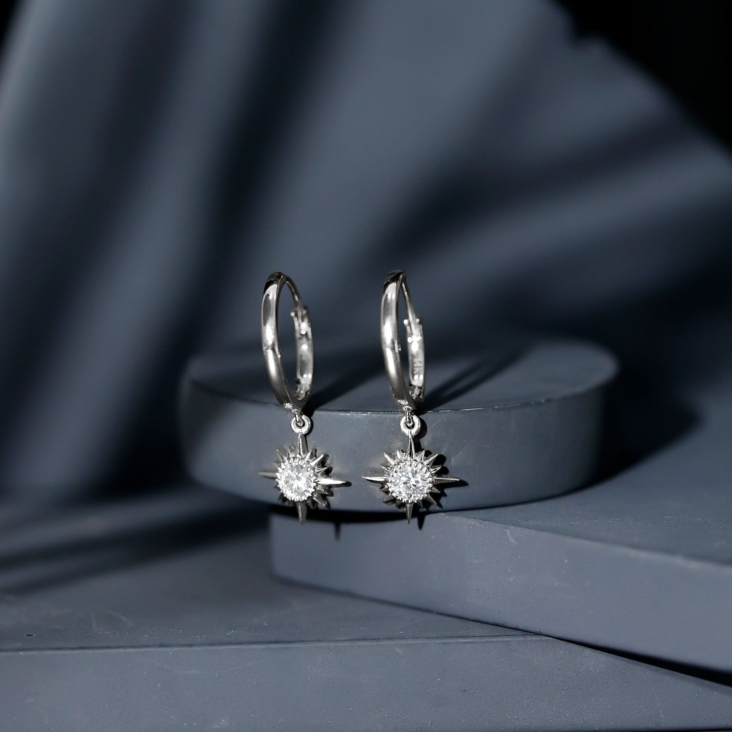 Bezel Set Round Moissanite Sunburst Hoop Drop Earrings