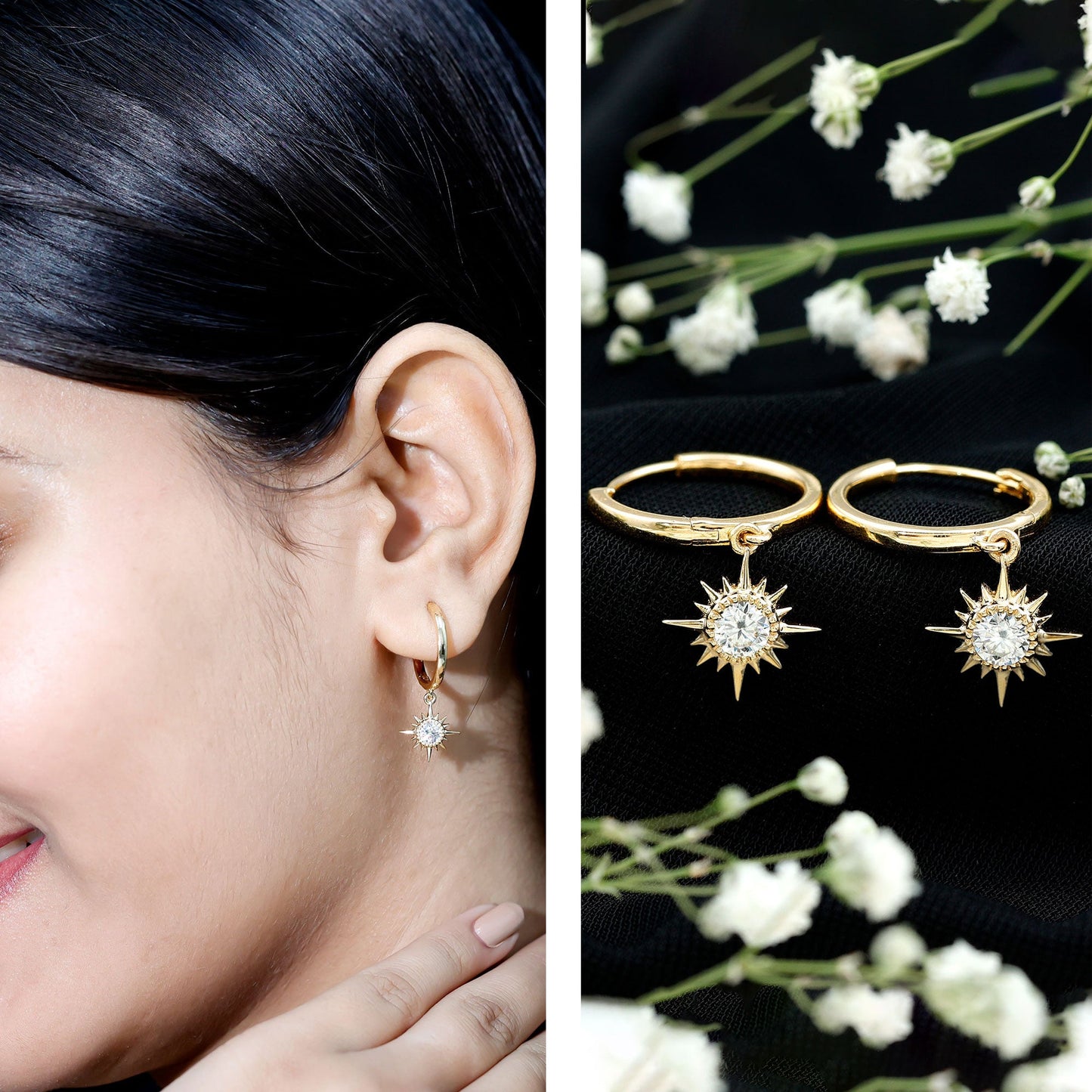 Bezel Set Round Moissanite Sunburst Hoop Drop Earrings