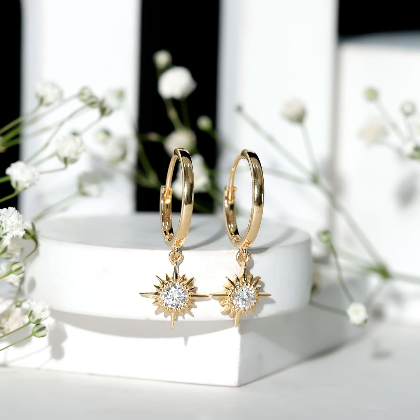 Bezel Set Round Moissanite Sunburst Hoop Drop Earrings