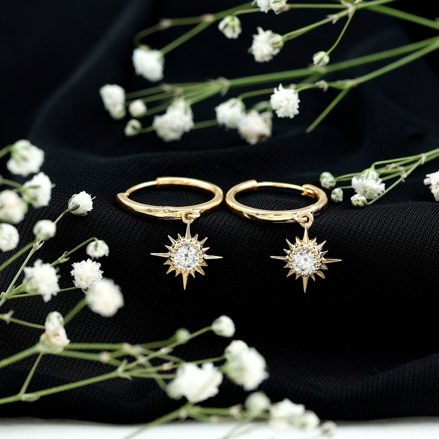 Bezel Set Round Moissanite Sunburst Hoop Drop Earrings