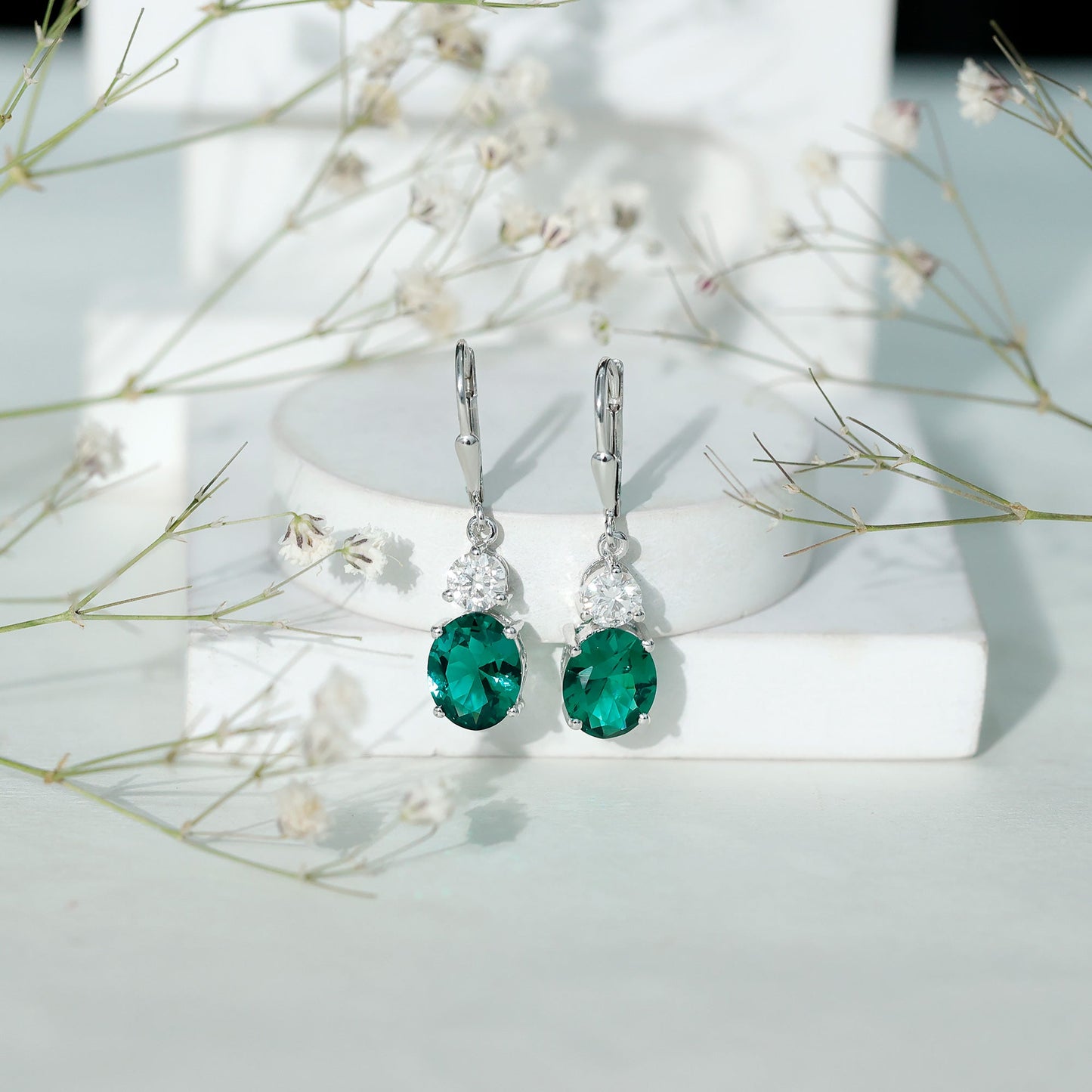 Lab Grown Emerald Oval Drop Earrings With Moissanite