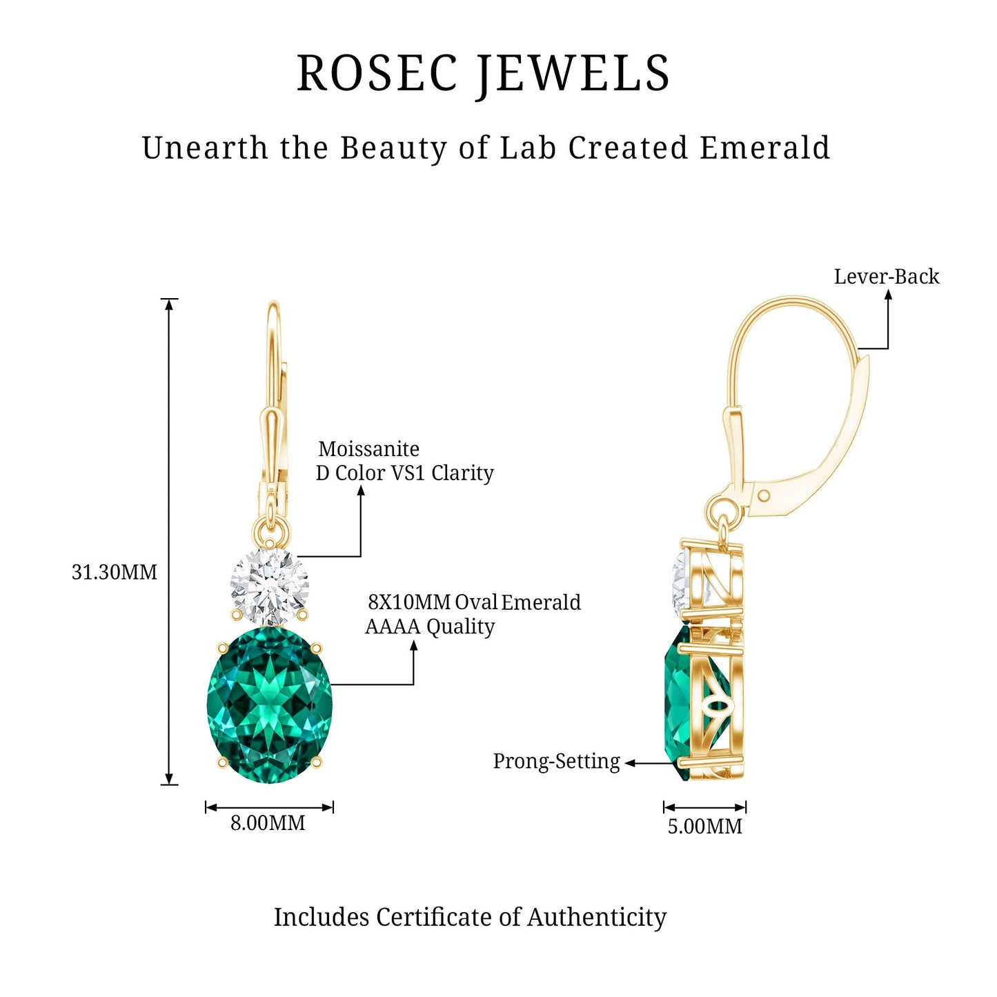 Lab Grown Emerald Oval Drop Earrings With Moissanite