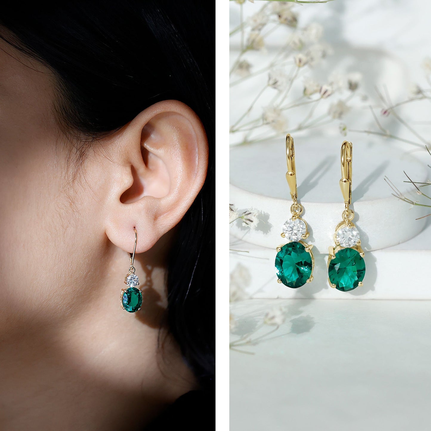 Lab Grown Emerald Oval Drop Earrings With Moissanite