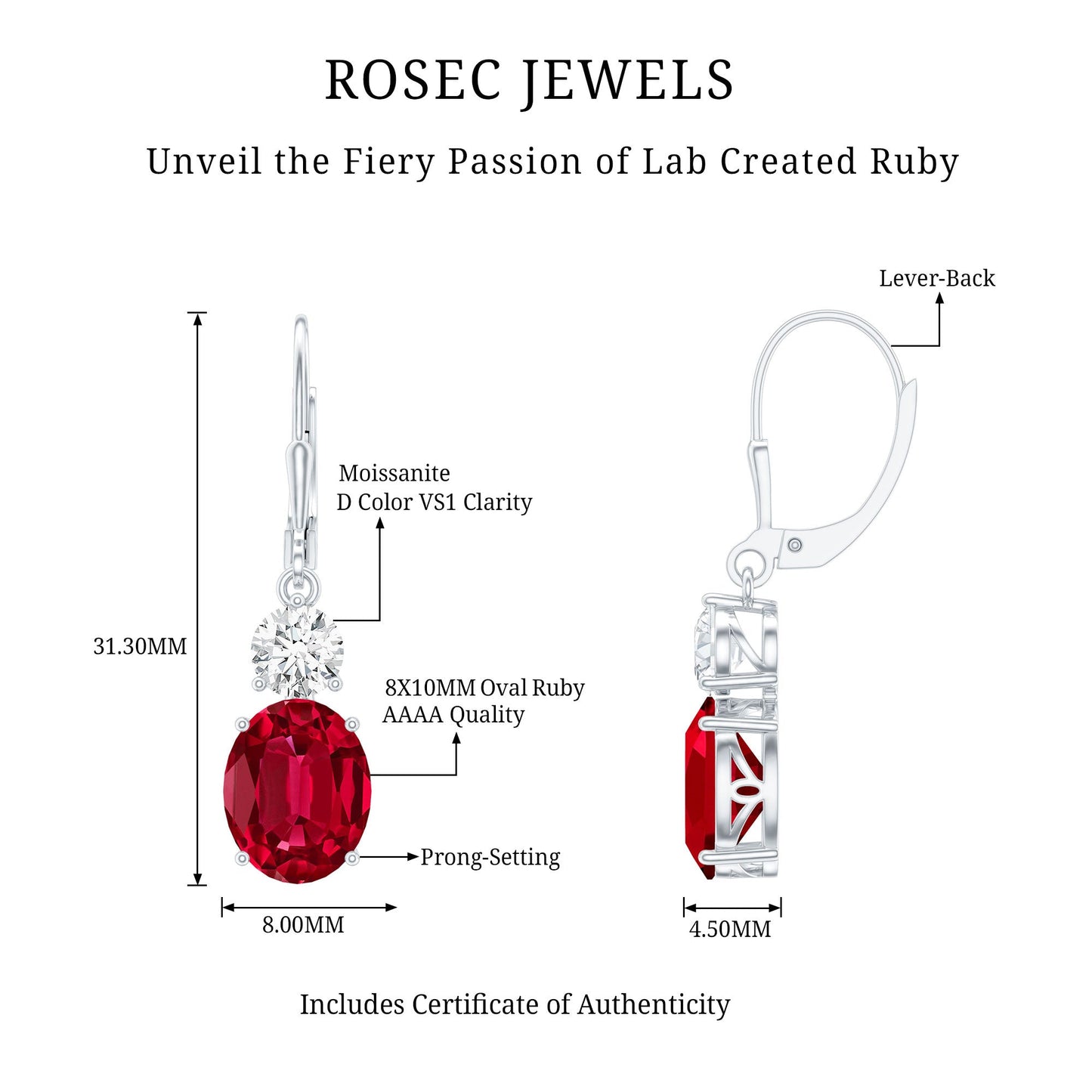 Oval Shape Lab Created Ruby Dangle Drop Earrings with Moissanite