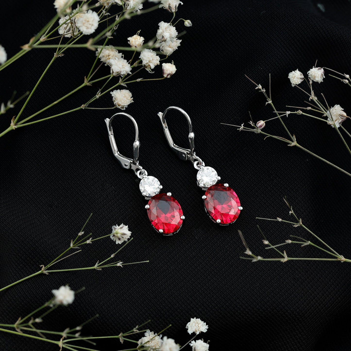 Oval Shape Lab Created Ruby Dangle Drop Earrings with Moissanite