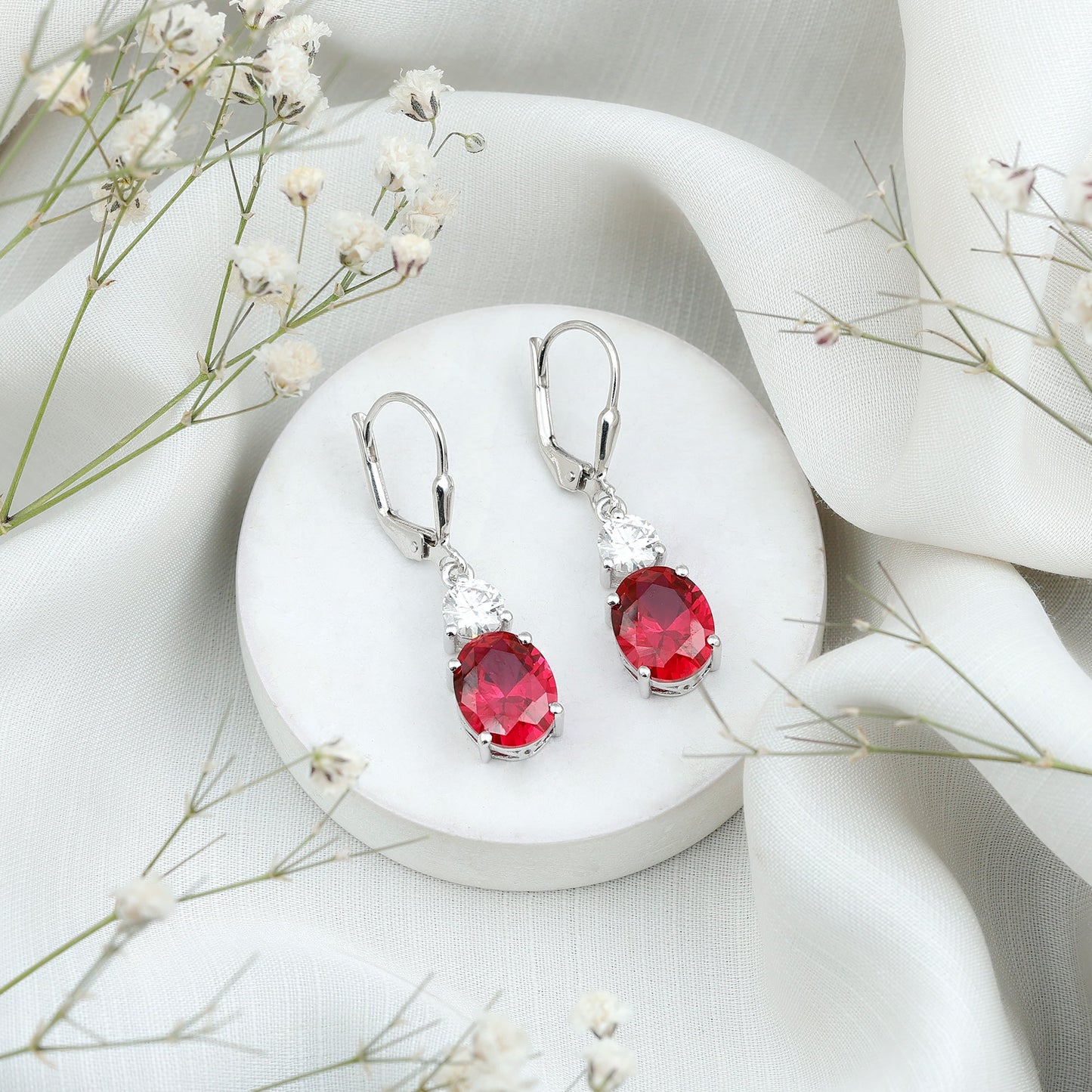 Oval Shape Lab Created Ruby Dangle Drop Earrings with Moissanite
