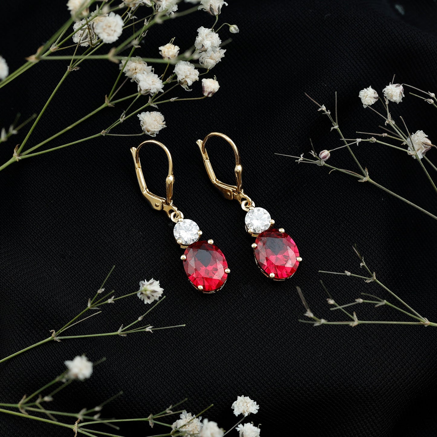 Oval Shape Lab Created Ruby Dangle Drop Earrings with Moissanite