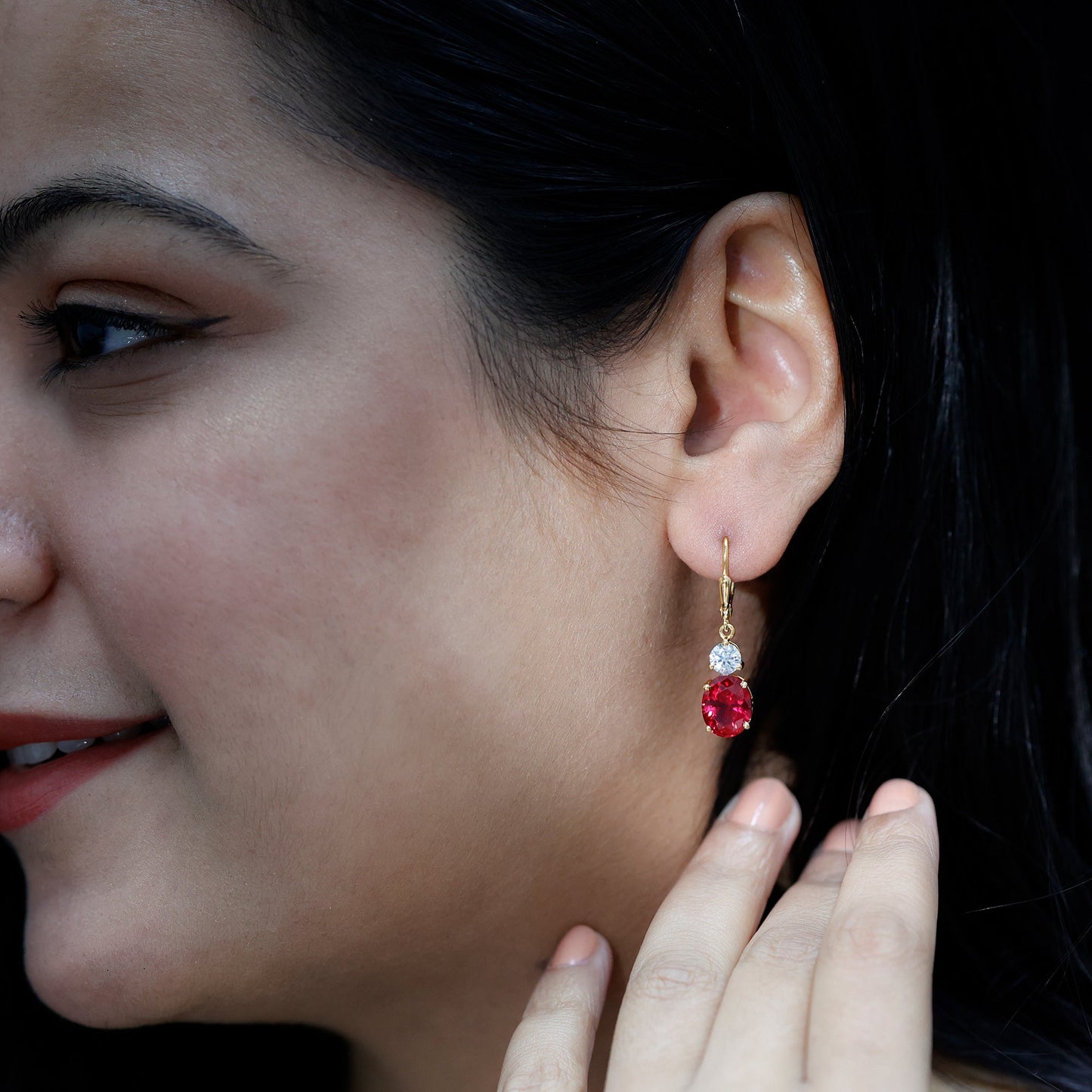 Oval Shape Lab Created Ruby Dangle Drop Earrings with Moissanite