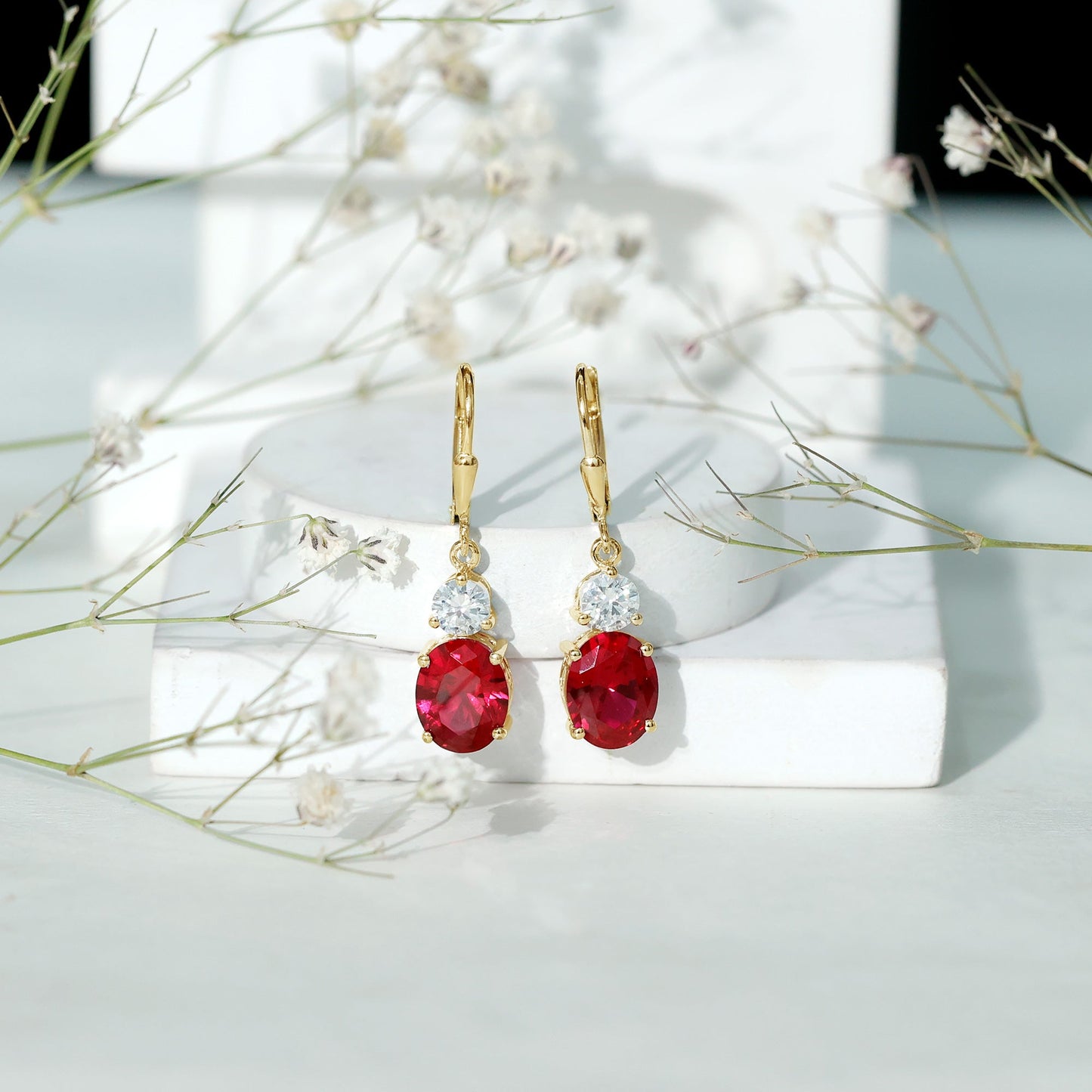 Oval Shape Lab Created Ruby Dangle Drop Earrings with Moissanite