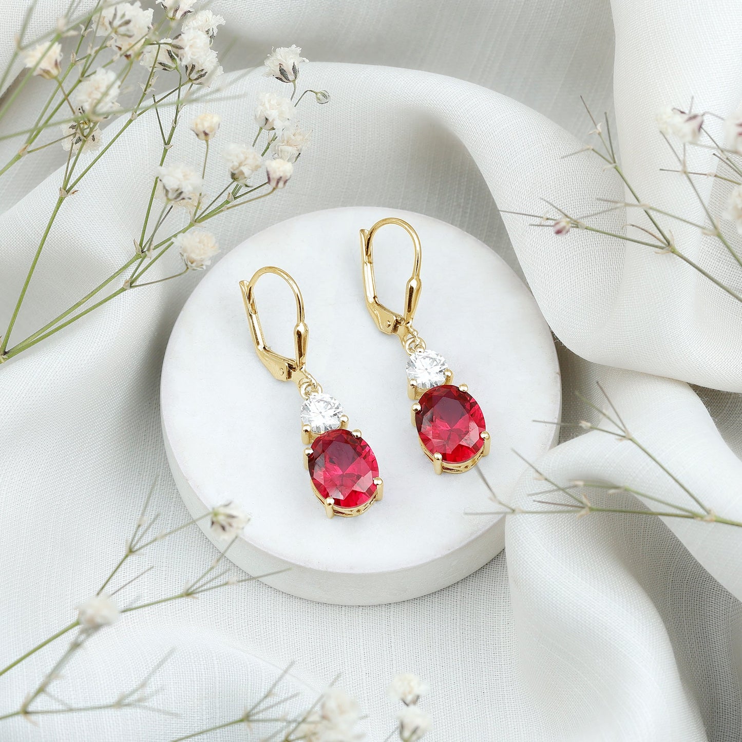 Oval Shape Lab Created Ruby Dangle Drop Earrings with Moissanite