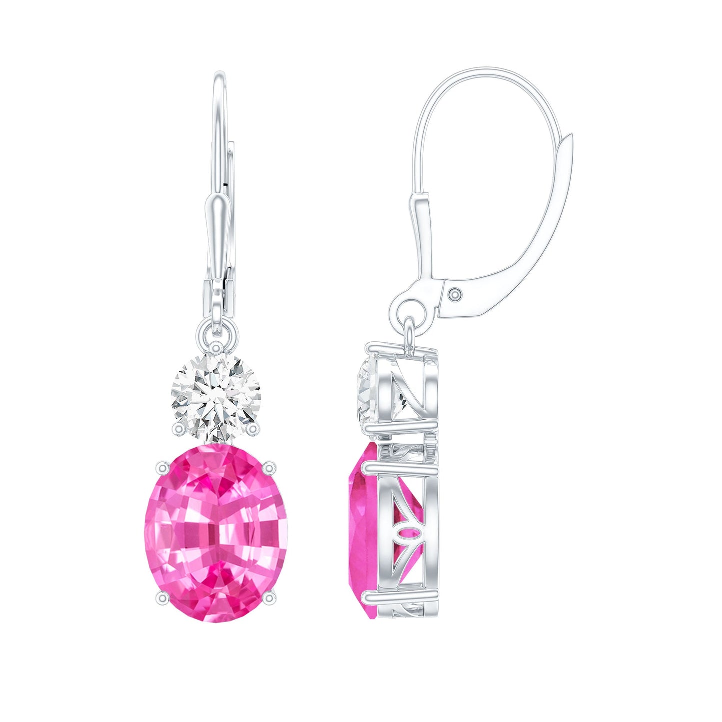 Lab Grown Pink Sapphire and Moissanite Drop Earrings With Leverback