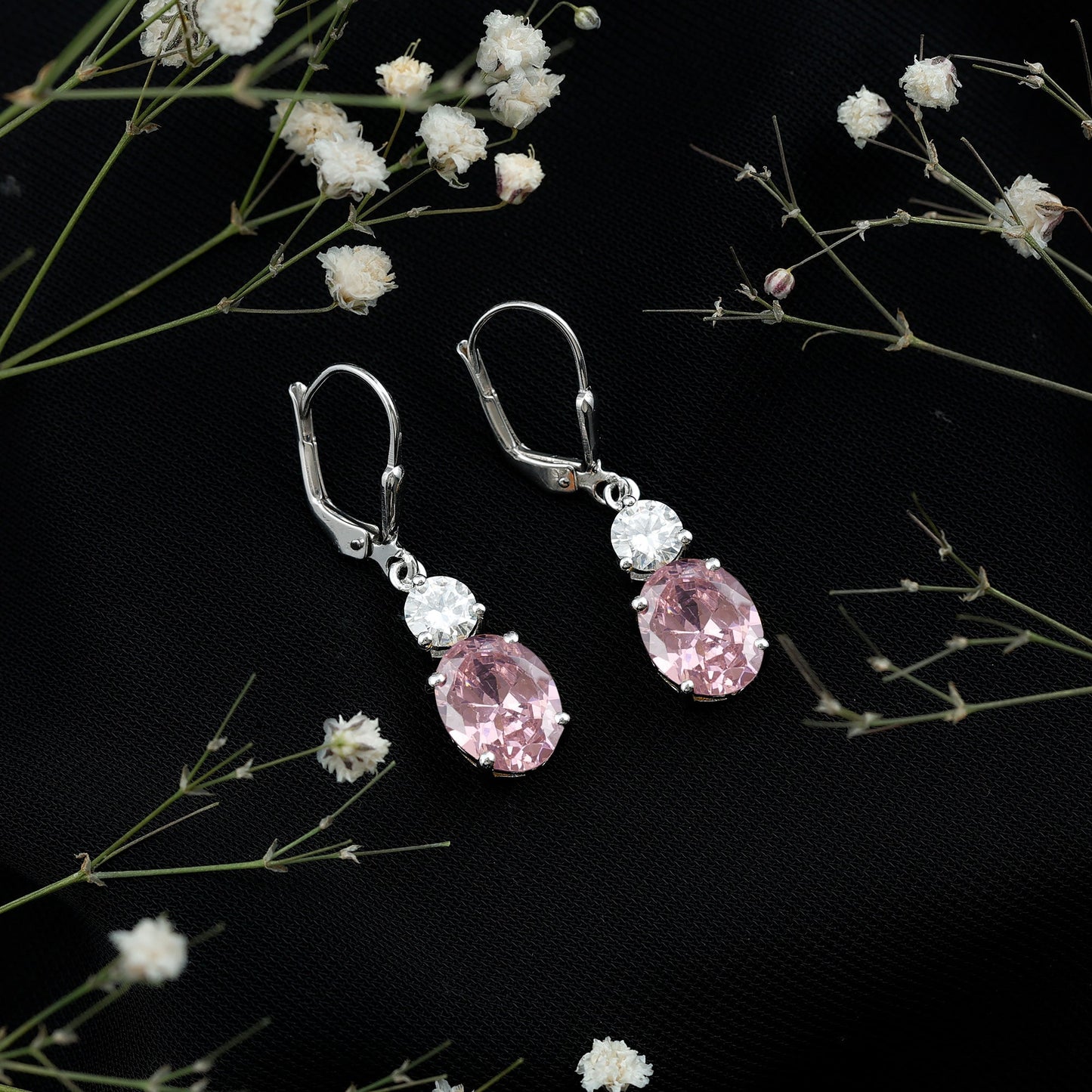 Lab Grown Pink Sapphire and Moissanite Drop Earrings With Leverback