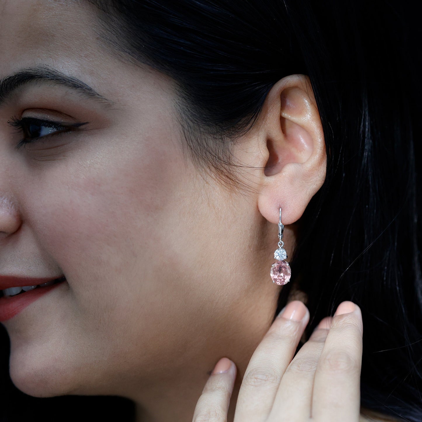 Lab Grown Pink Sapphire and Moissanite Drop Earrings With Leverback