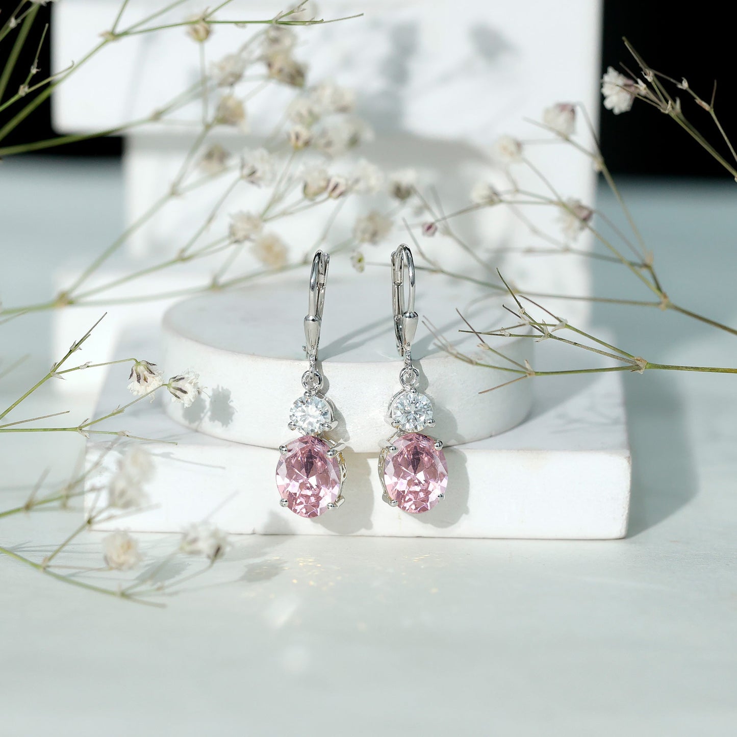 Lab Grown Pink Sapphire and Moissanite Drop Earrings With Leverback