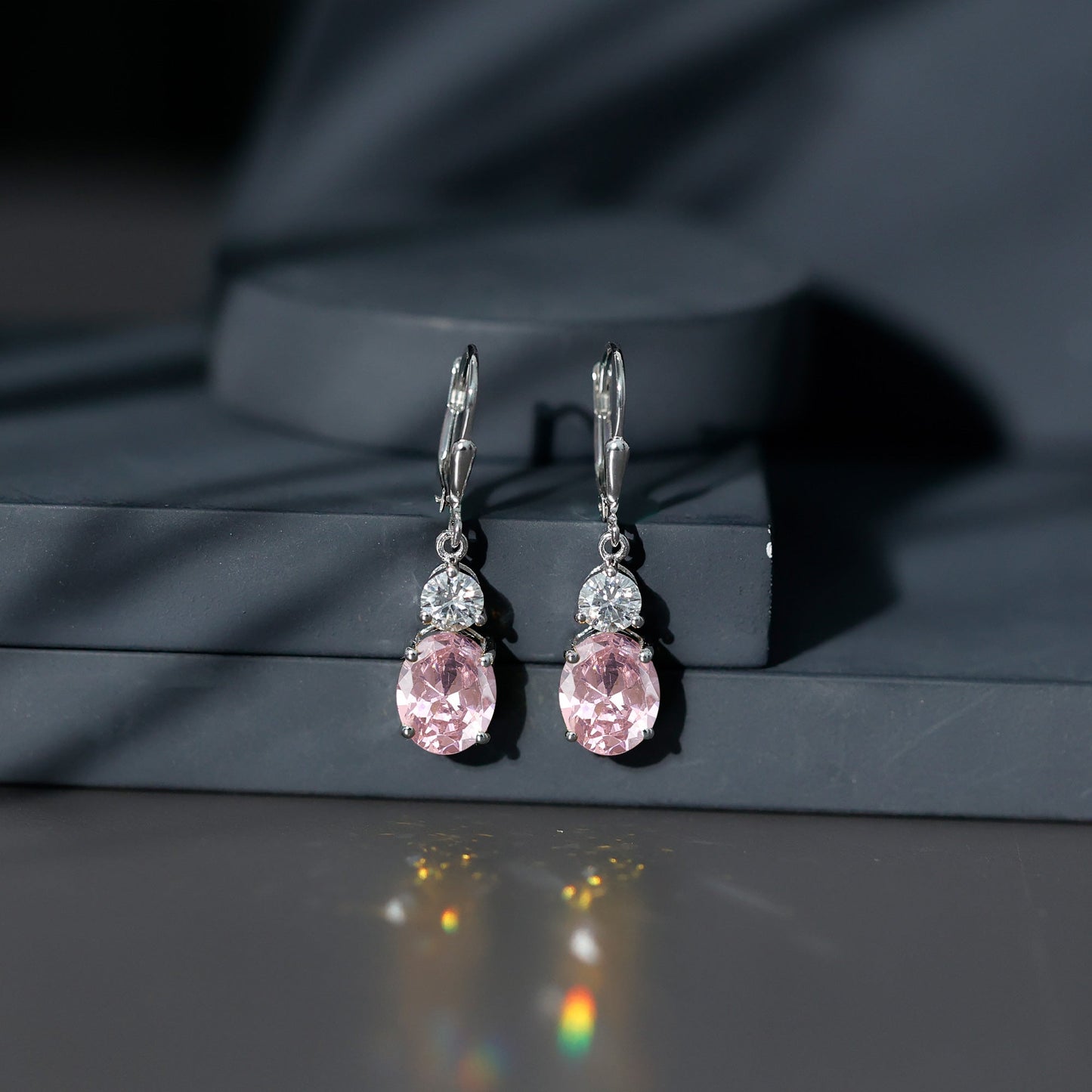 Lab Grown Pink Sapphire and Moissanite Drop Earrings With Leverback