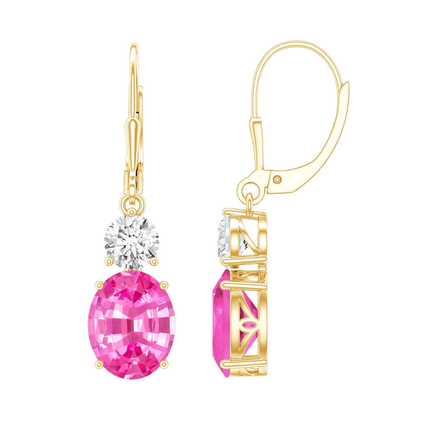 Lab Grown Pink Sapphire and Moissanite Drop Earrings With Leverback