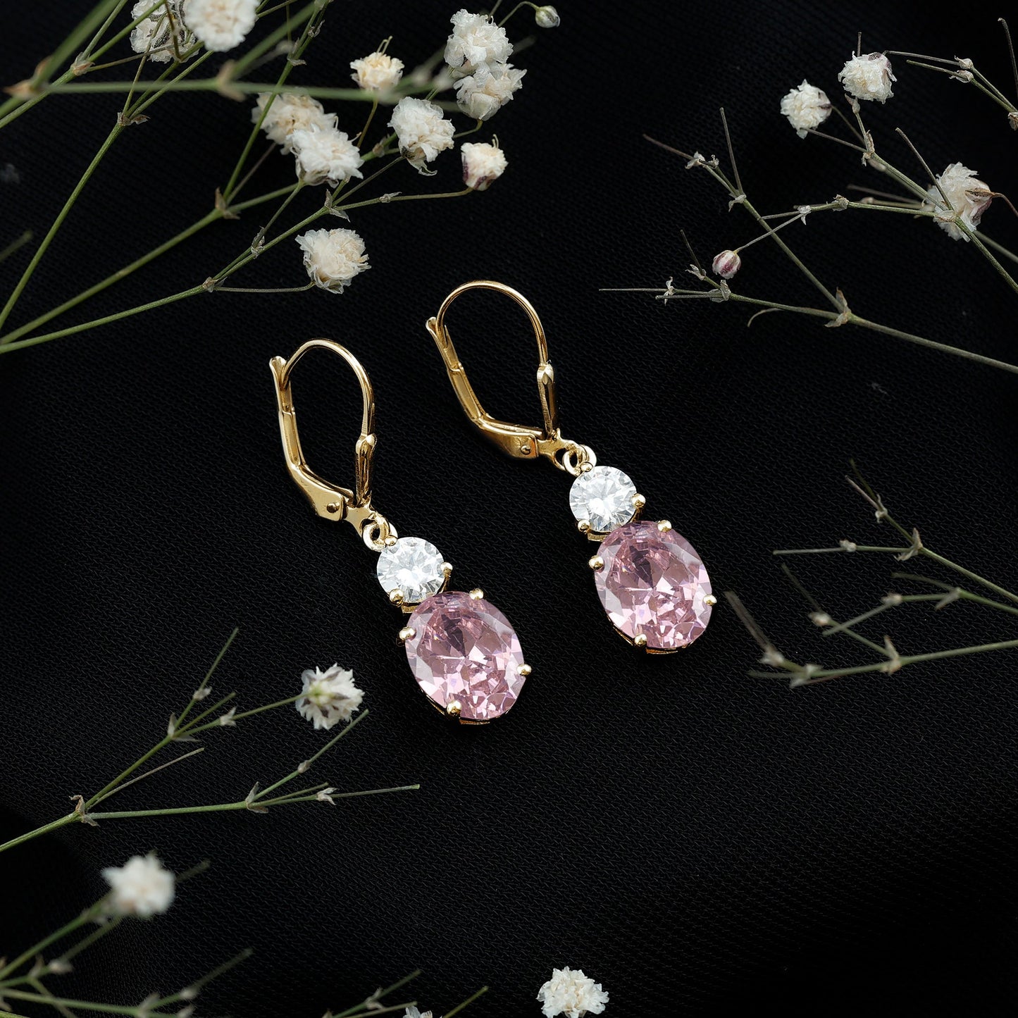 Lab Grown Pink Sapphire and Moissanite Drop Earrings With Leverback
