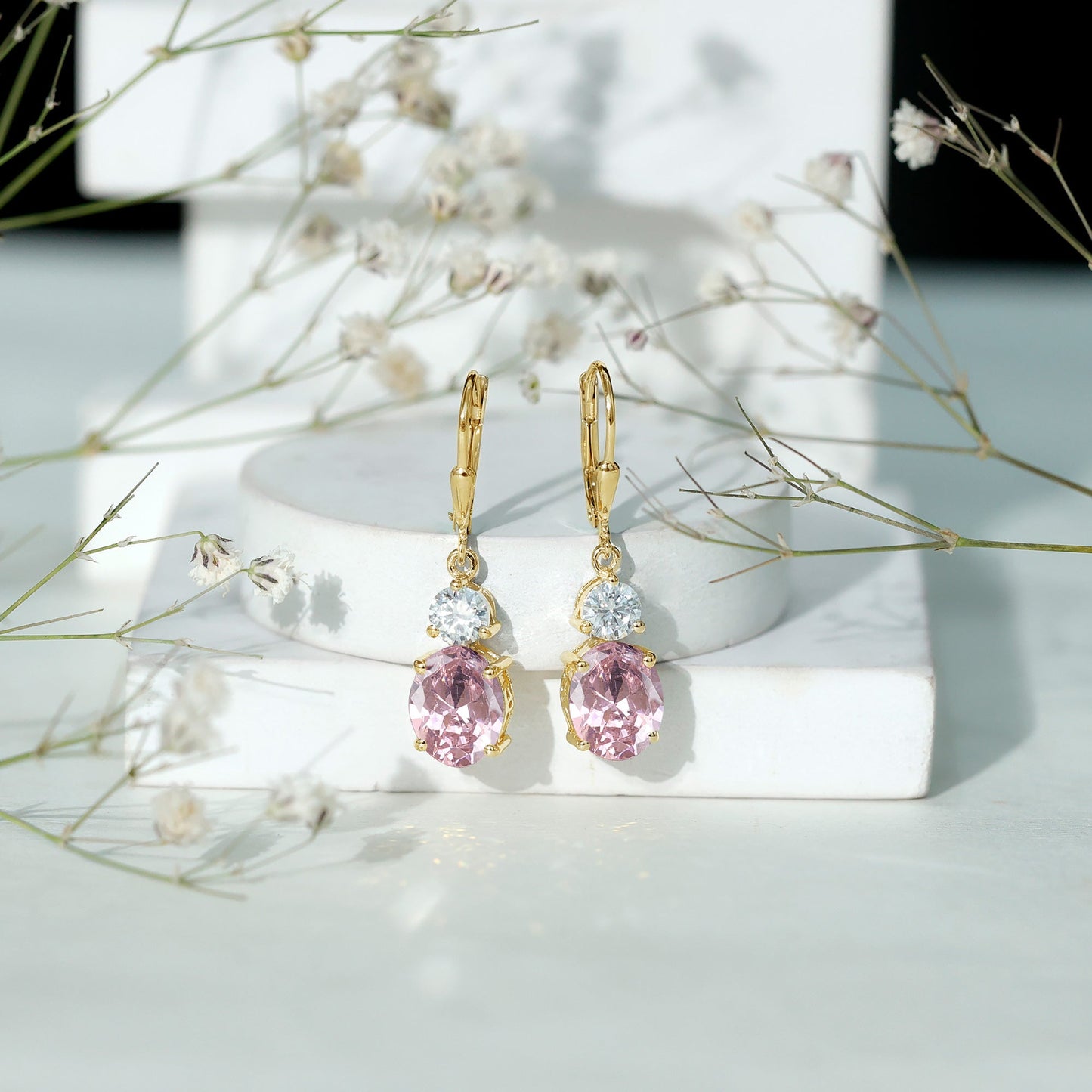 Lab Grown Pink Sapphire and Moissanite Drop Earrings With Leverback