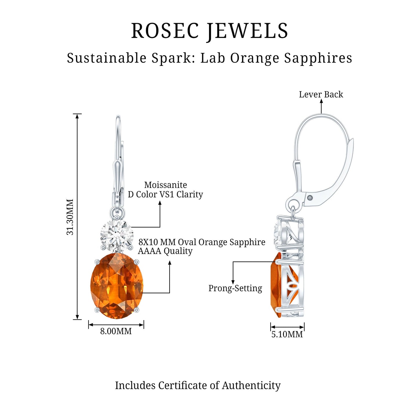 Certified Lab Grown Orange Sapphire And Moissanite Drop Dangle Earrings