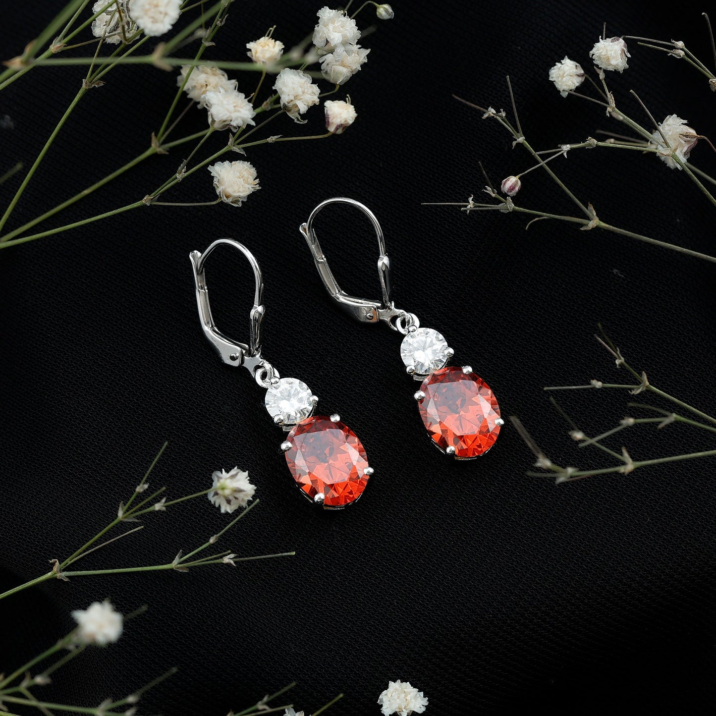 Certified Lab Grown Orange Sapphire And Moissanite Drop Dangle Earrings
