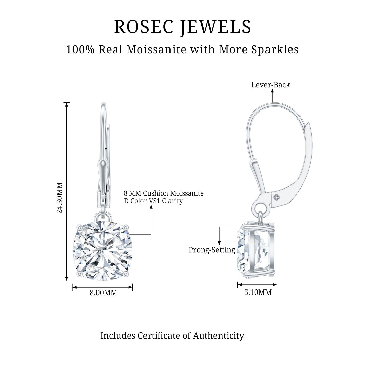 Certified 6 Carat Cushion Cut Moissanite Drop Earrings