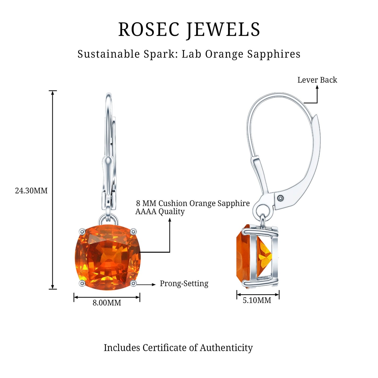 5.5 CT Cushion Cut Lab Created Orange Sapphire Drop Earrings