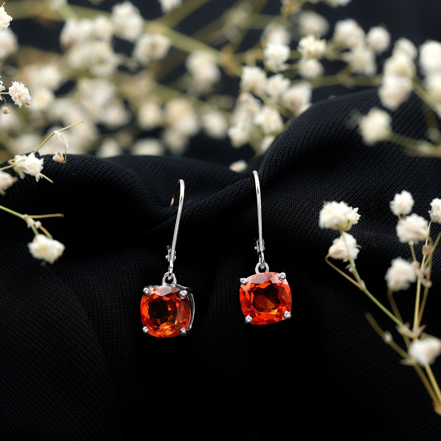5.5 CT Cushion Cut Lab Created Orange Sapphire Drop Earrings