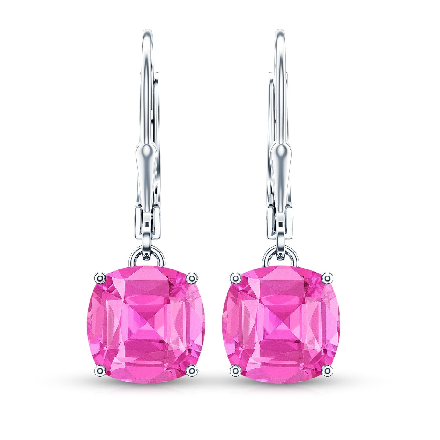 Cushion Cut Lab Created Pink Sapphire Solitaire Drop Earrings with Leverback