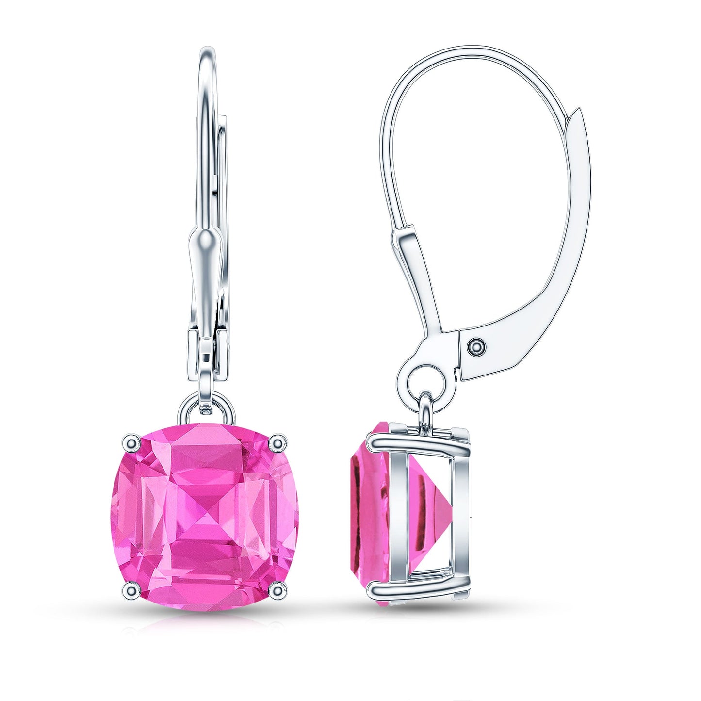 Cushion Cut Lab Created Pink Sapphire Solitaire Drop Earrings with Leverback