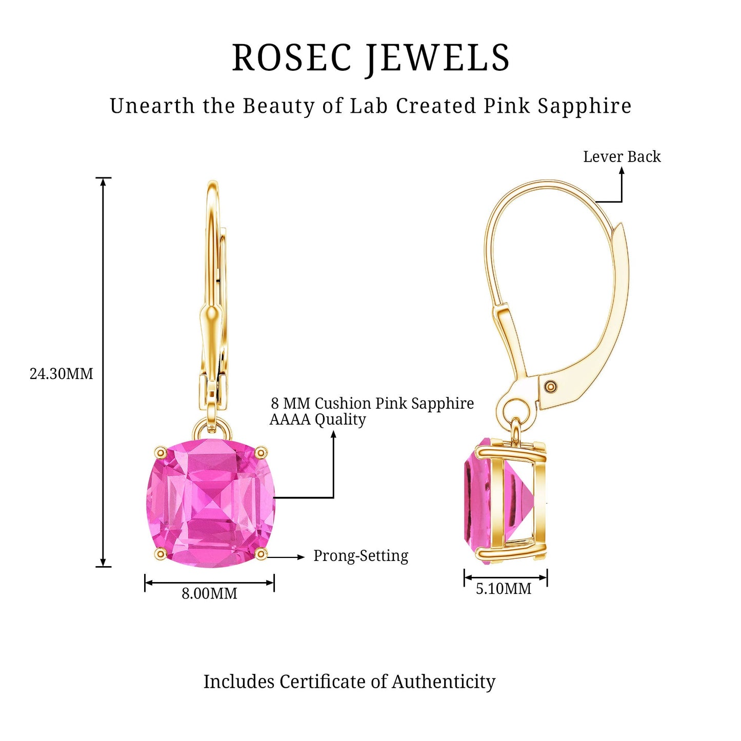 Cushion Cut Lab Created Pink Sapphire Solitaire Drop Earrings with Leverback