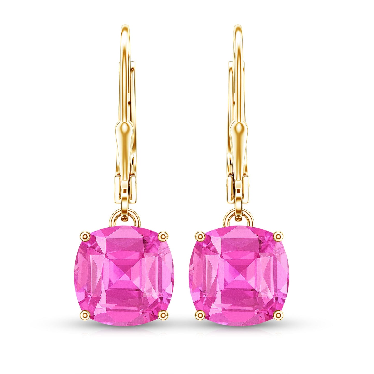 Cushion Cut Lab Created Pink Sapphire Solitaire Drop Earrings with Leverback