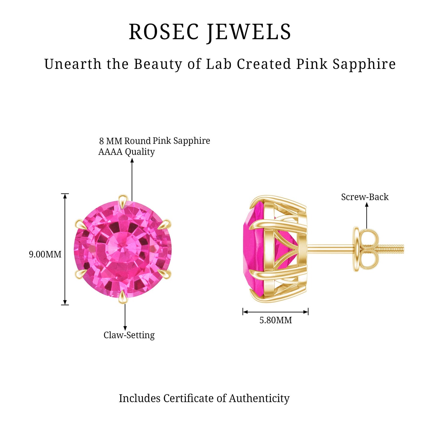 Certified 4.5 Carat Round Lab Created Pink Sapphire Stud Earrings