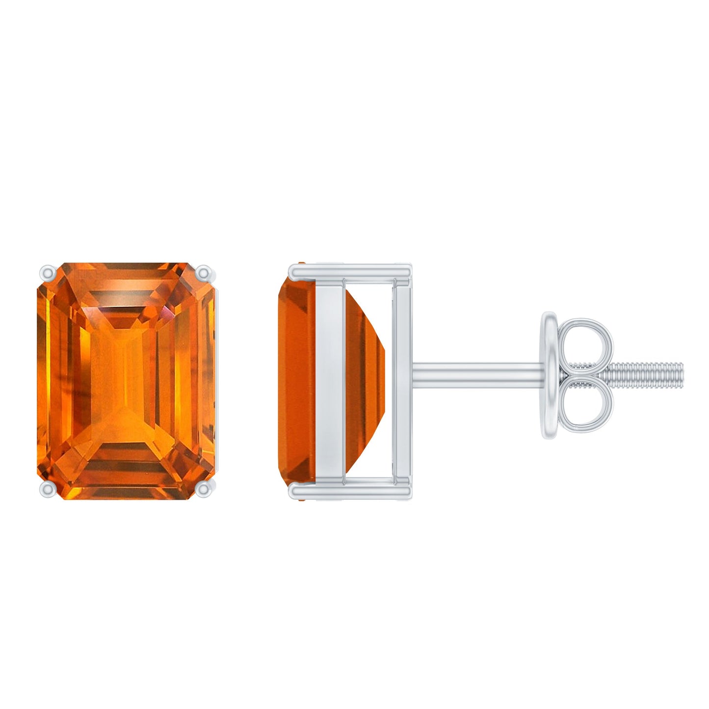 Lab Grown Orange Sapphire Emerald Cut Stud Earrings