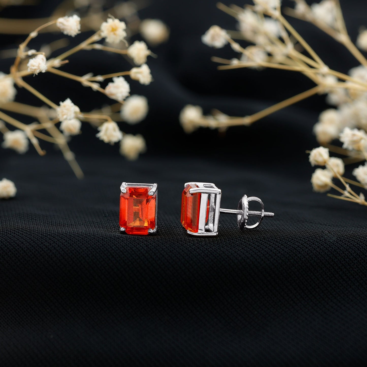 Lab Grown Orange Sapphire Emerald Cut Stud Earrings