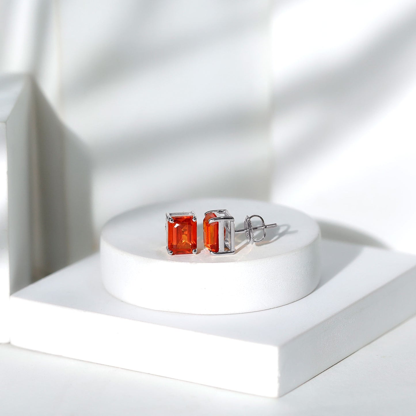 Lab Grown Orange Sapphire Emerald Cut Stud Earrings